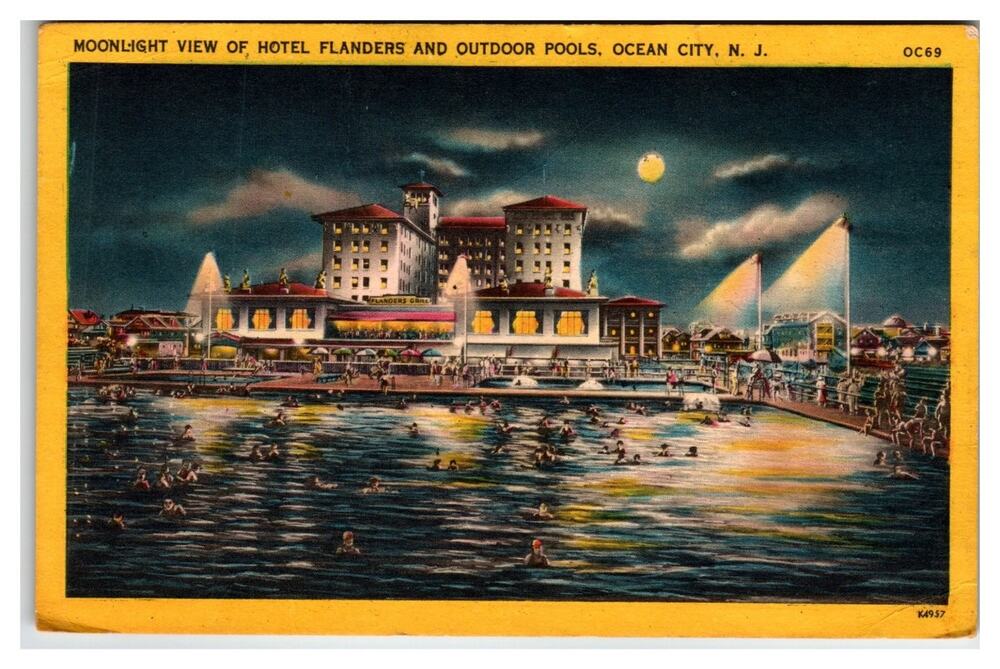 Vintage Linen Postcard Hotel Flanders Outdoor Pools Ocean City NJ 1955